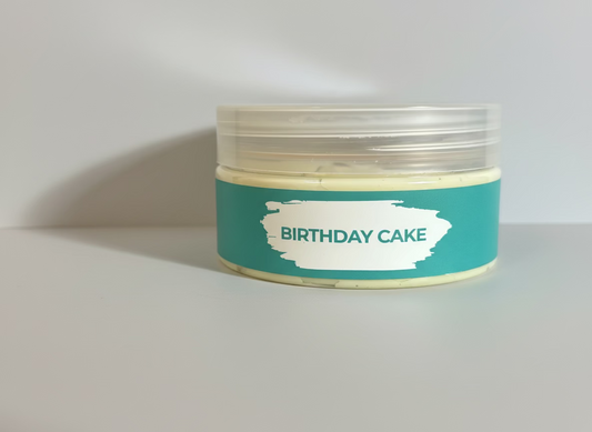 Jar labeled 'Birthday Cake' on a dark background