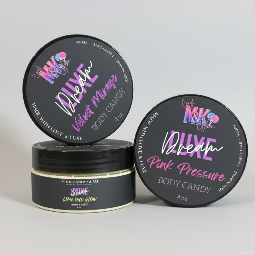 Three containers of body candy with colorful labels on a pink geometric background