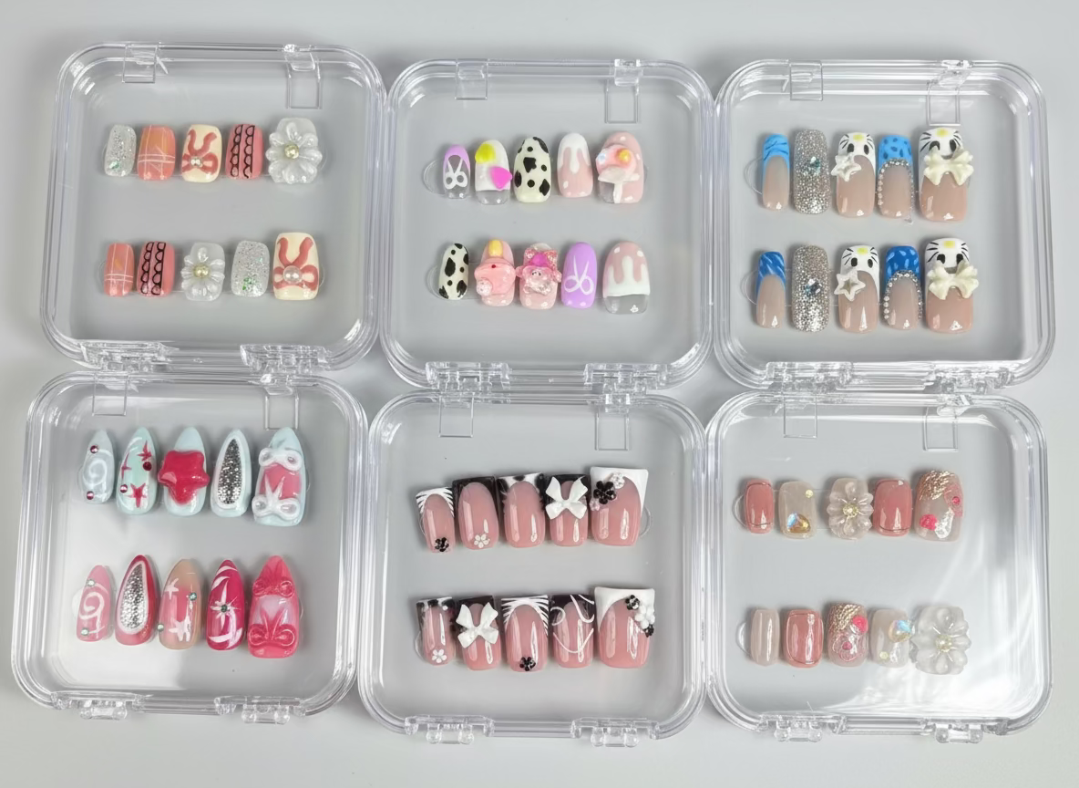 Set of nail art designs in clear plastic cases on a dark surface