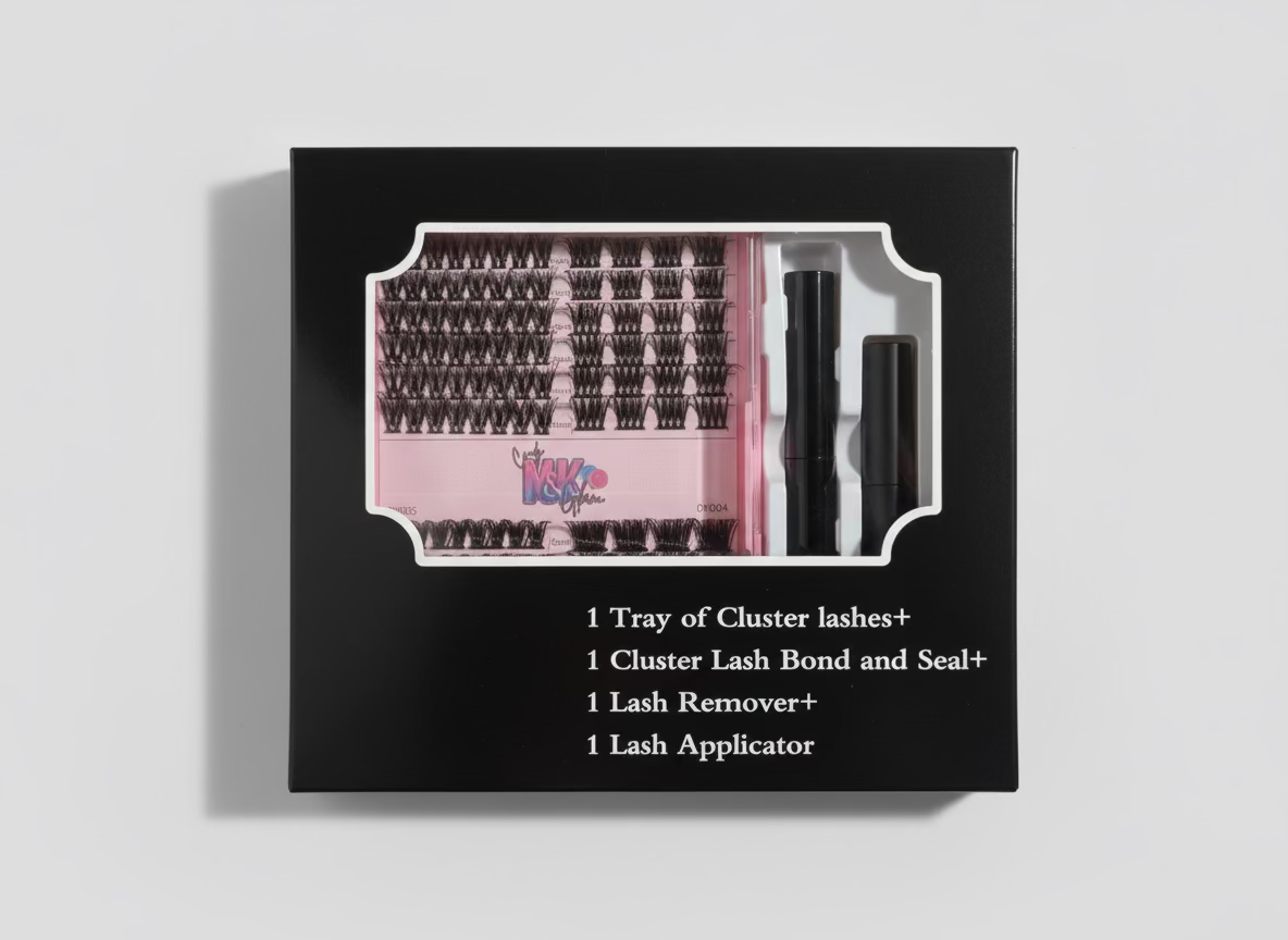 Box of false eyelashes with lashes, bond and seal, remover, and applicator on a gray background