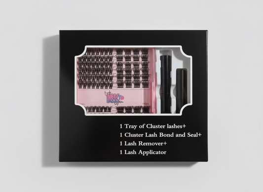 Box of false eyelashes with lashes, bond and seal, remover, and applicator on a gray background