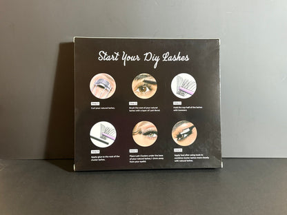 Instructions for DIY eyelash application on a black box against a gray background