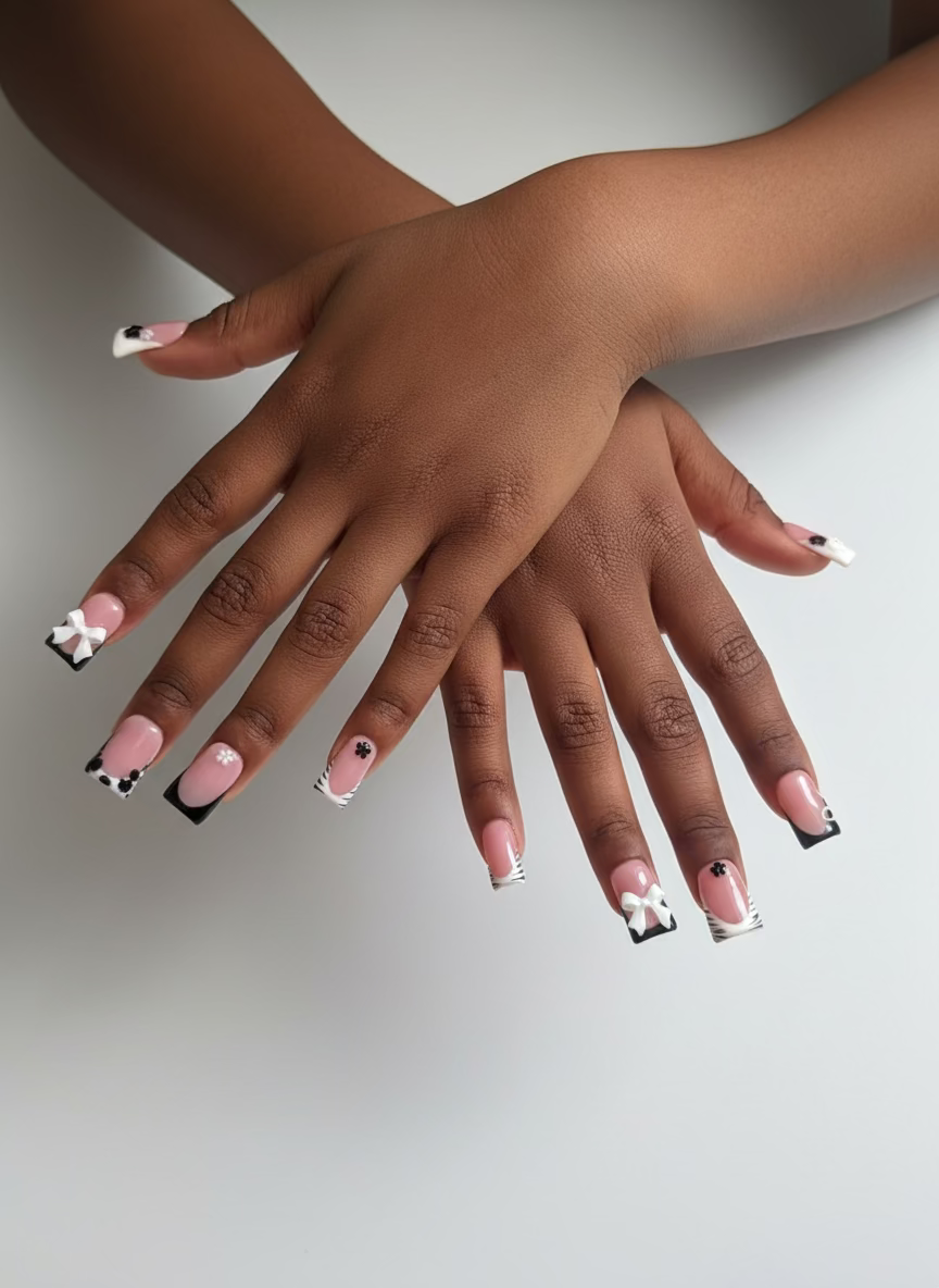 Hands with decorative nail art on a fluffy white surface
