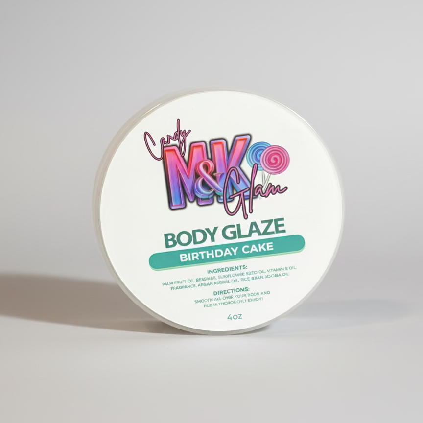 Body glaze container with colorful branding on a black background