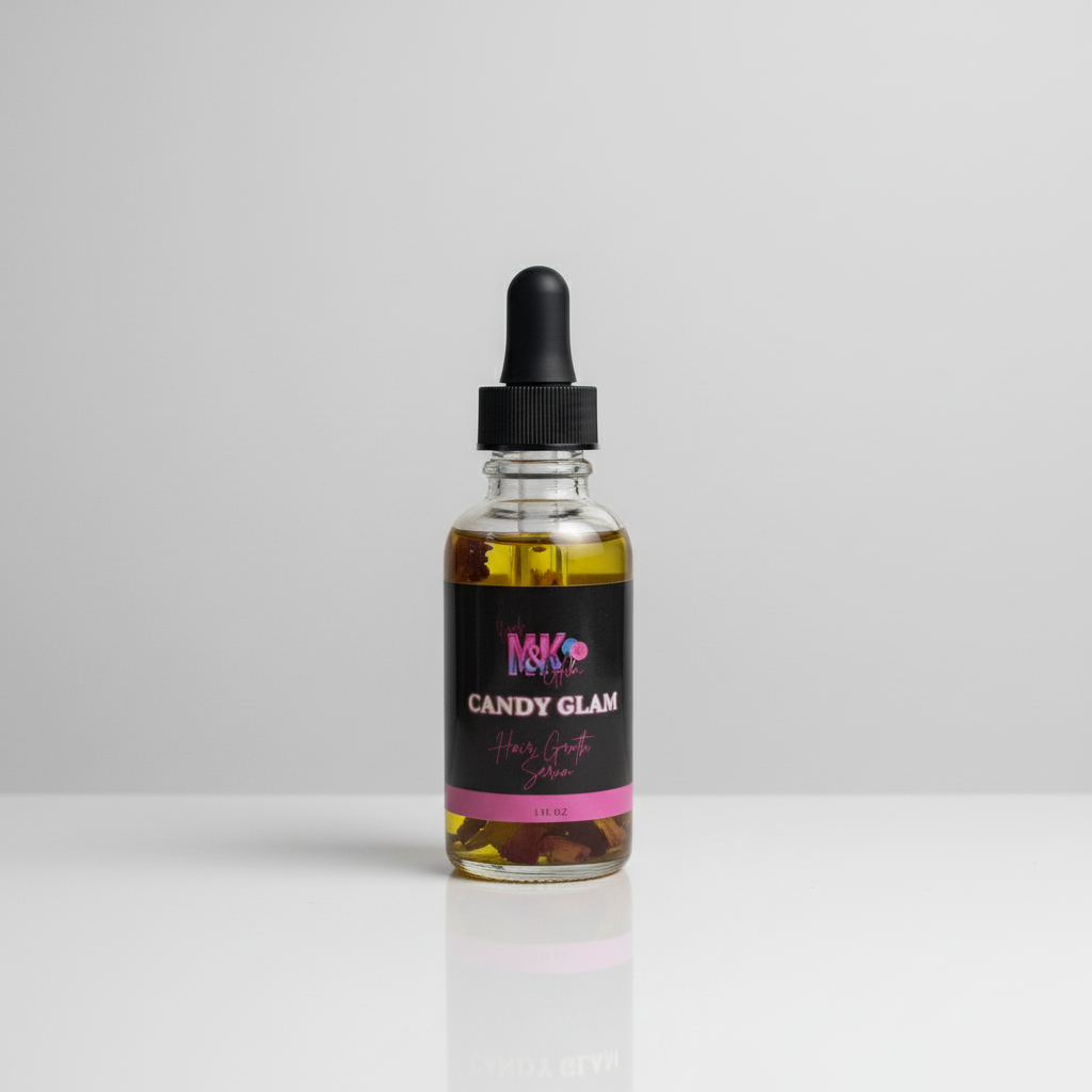 Bottle of 'Candy Glam' with a black cap on a white background